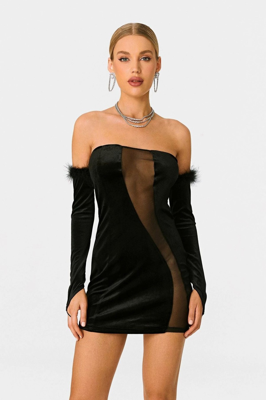 New * Solado Velvet Off Shoulder Mesh Splicing Mini Dress With Oversleeve Black