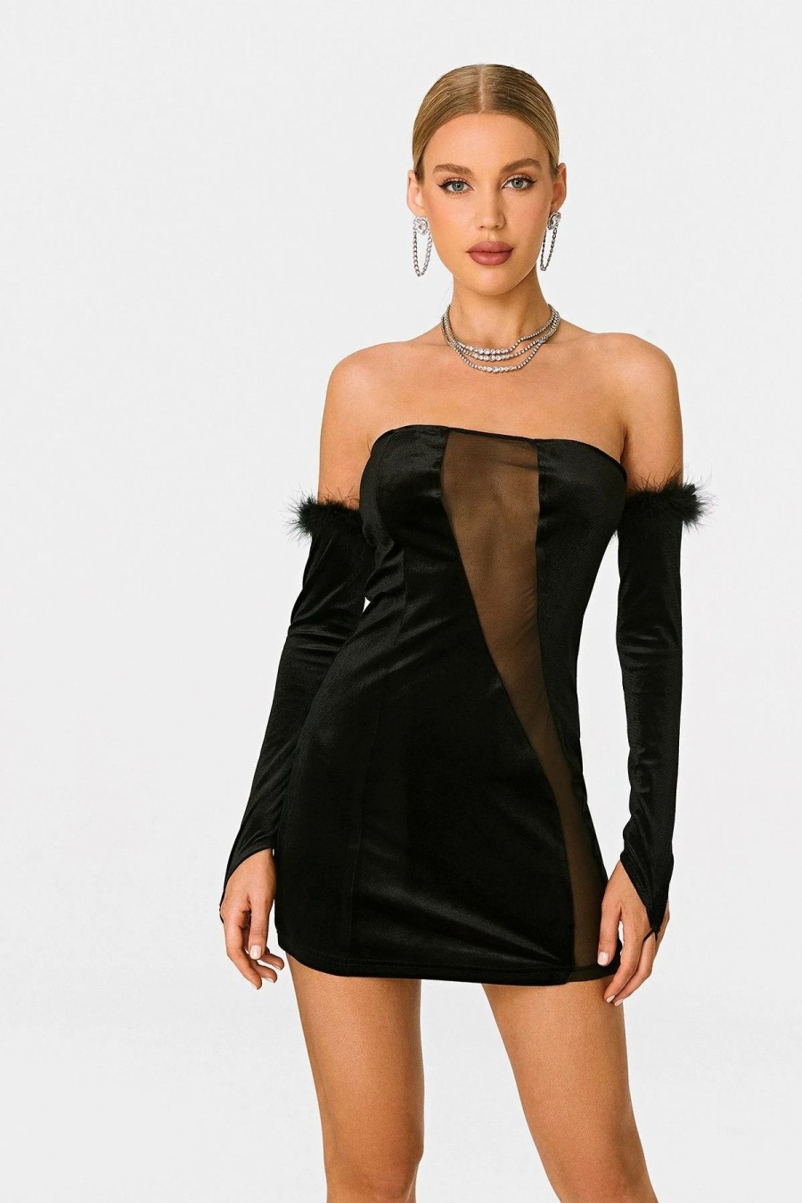 New * Solado Velvet Off Shoulder Mesh Splicing Mini Dress With Oversleeve Black