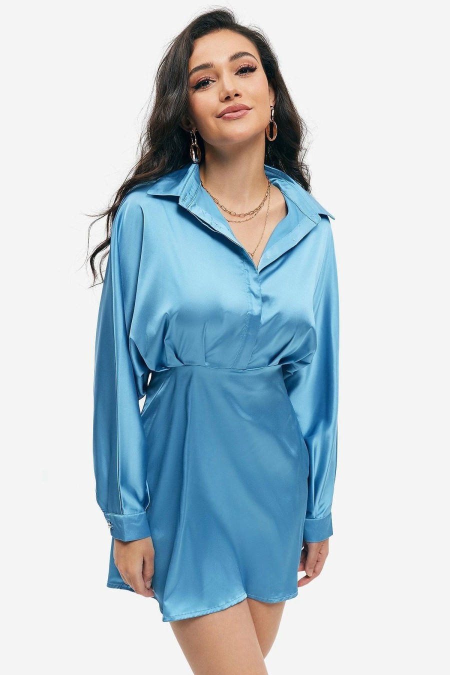 Hot * Solado Satin Lapel Neck Long Sleeve Mini Dress Blue