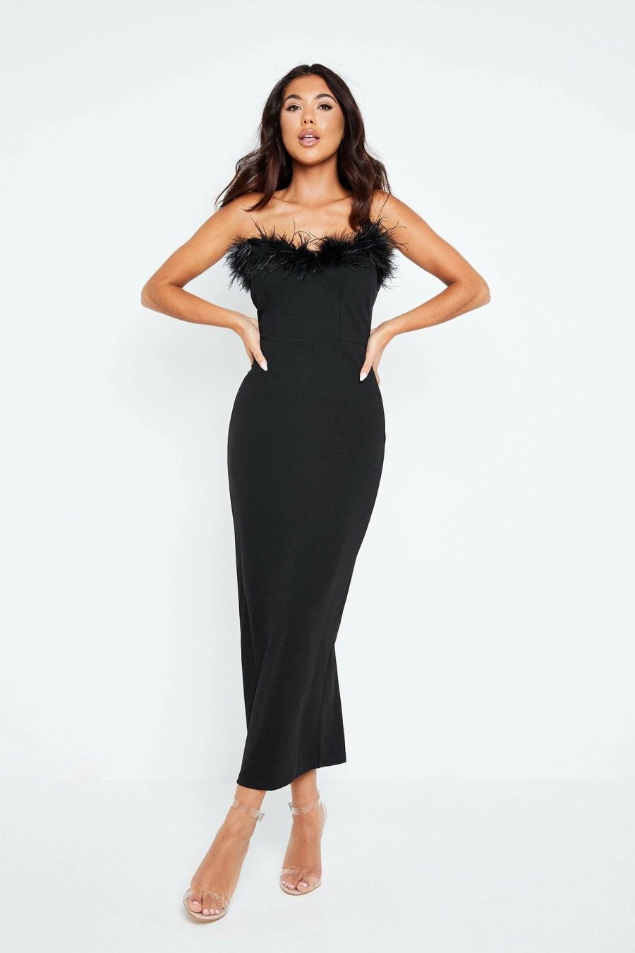 Clearance * Solado Feather Trim Bodycon Solid Tube Maxi Dress Black