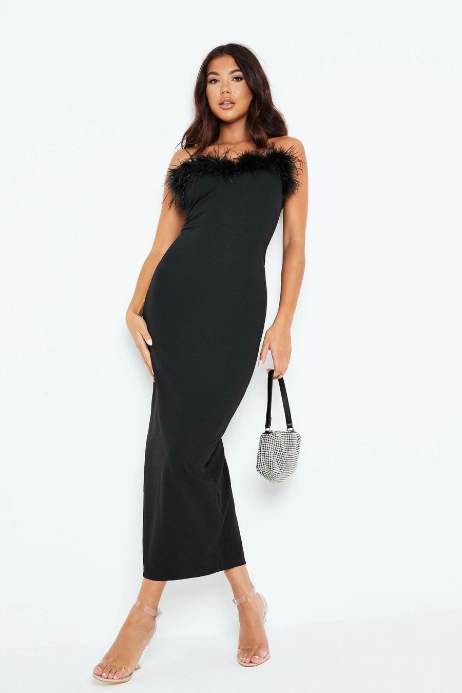 Clearance * Solado Feather Trim Bodycon Solid Tube Maxi Dress Black