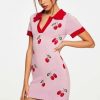 Best * Solado Cherry Print Contrast Color Knitted Mini Dress Pink