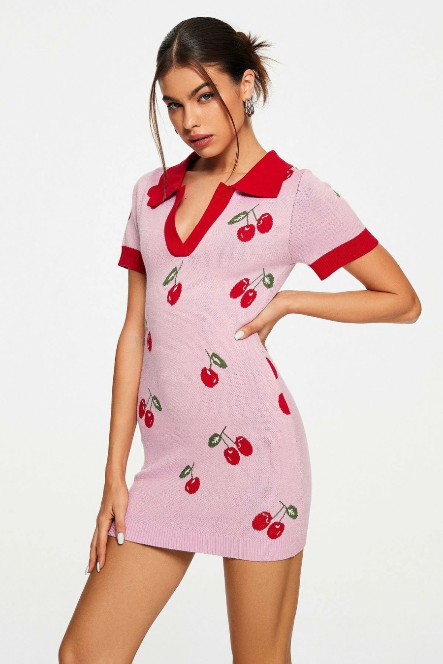 Best * Solado Cherry Print Contrast Color Knitted Mini Dress Pink