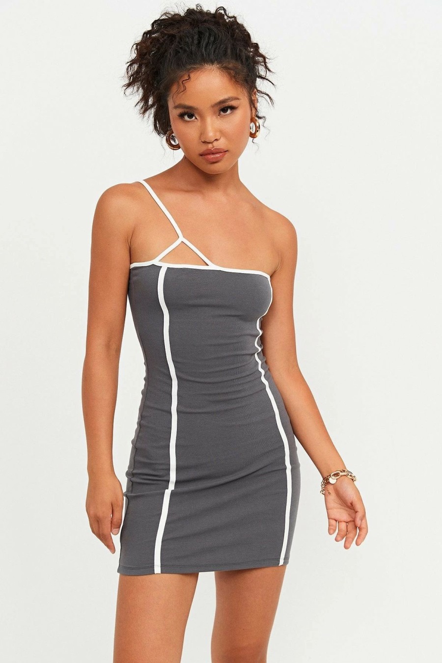 New * Solado One Shoulder Colorblock Bodycon Mini Dress Gray