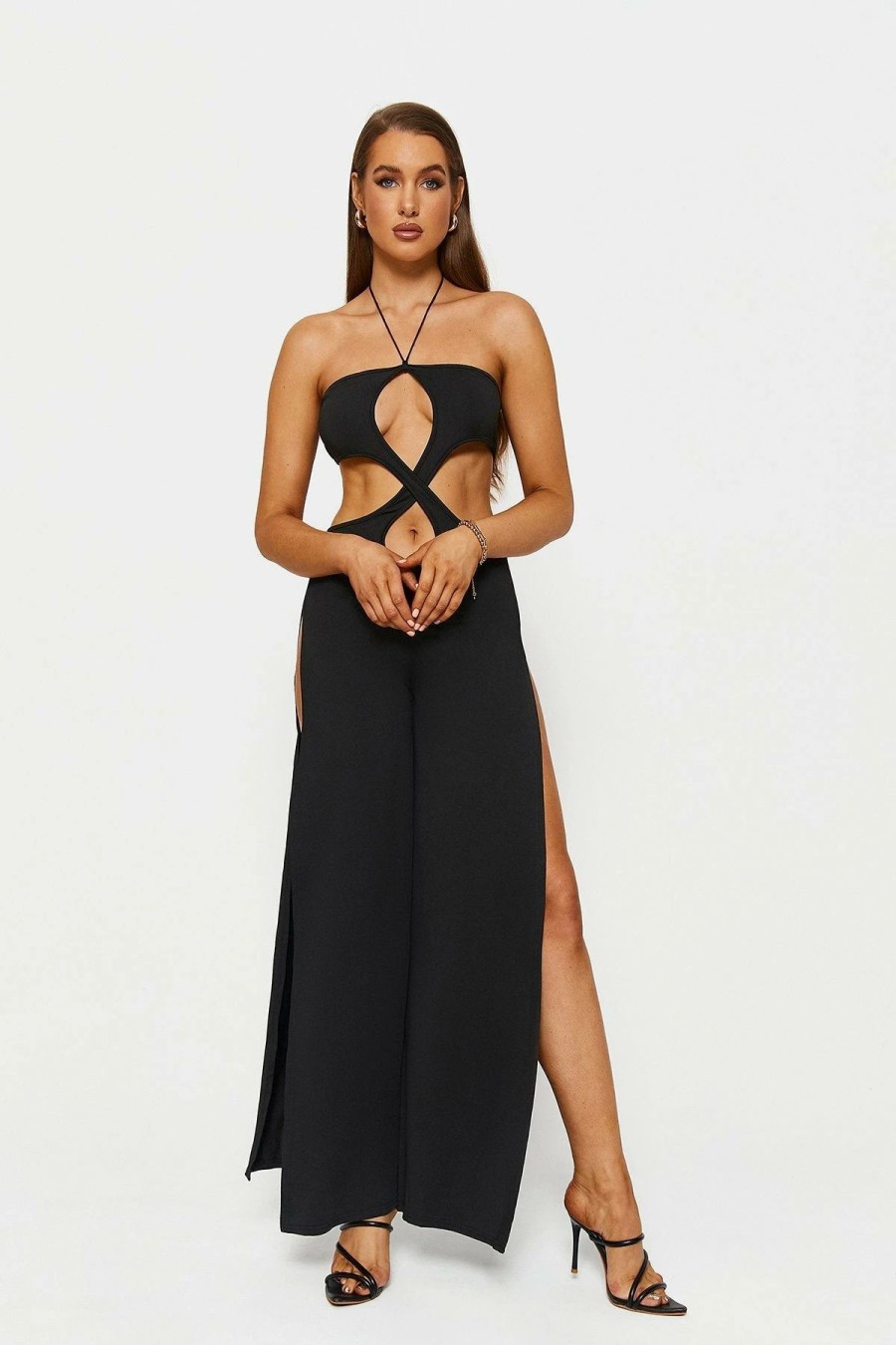 Hot * Solado Halter Neck Cut Out Split Hem Maxi Dress Black