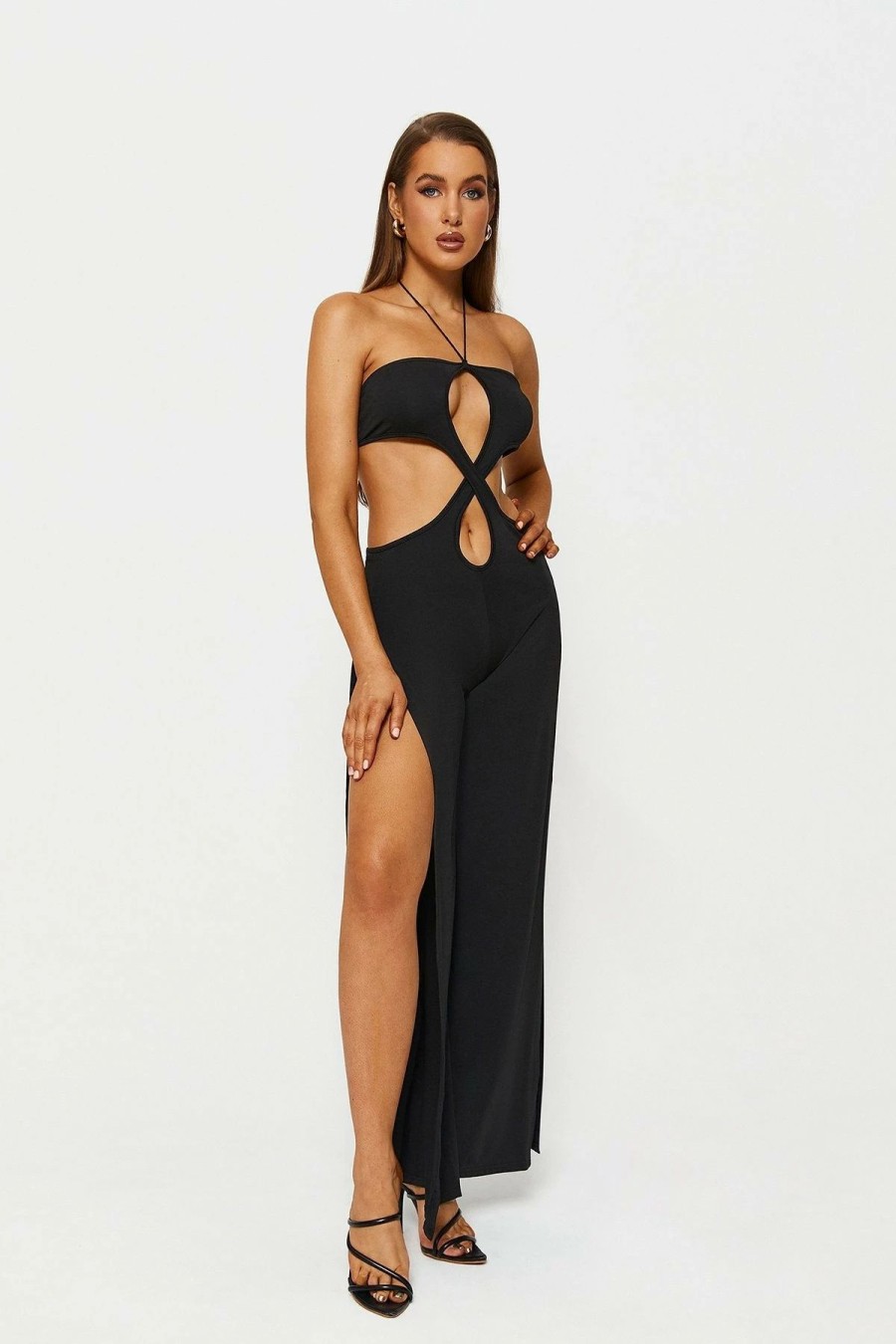 Hot * Solado Halter Neck Cut Out Split Hem Maxi Dress Black