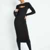 Best * Solado Two Piece Cut Out Ribbed Knit Long Sleeve Maxi Dress Black