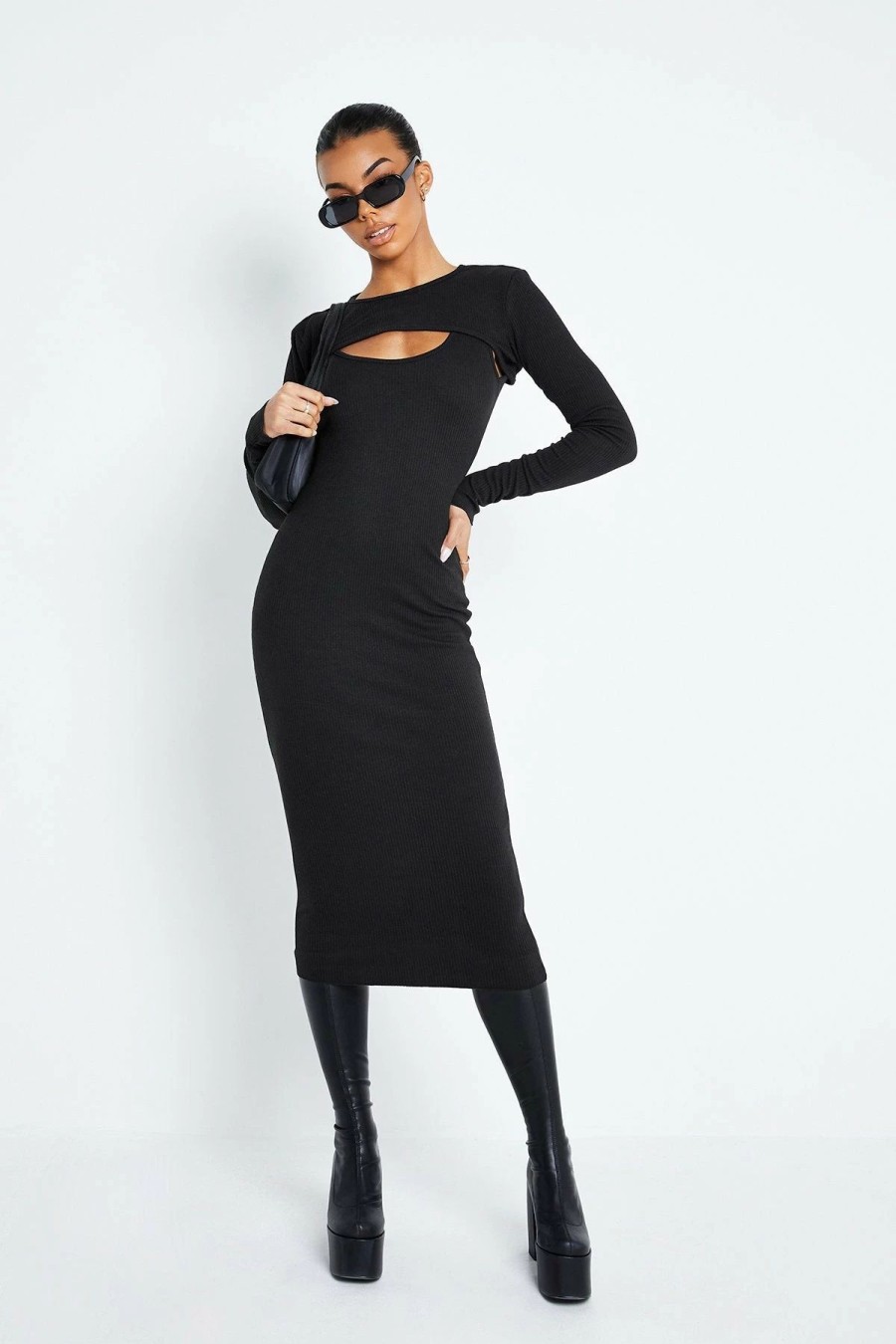 Best * Solado Two Piece Cut Out Ribbed Knit Long Sleeve Maxi Dress Black