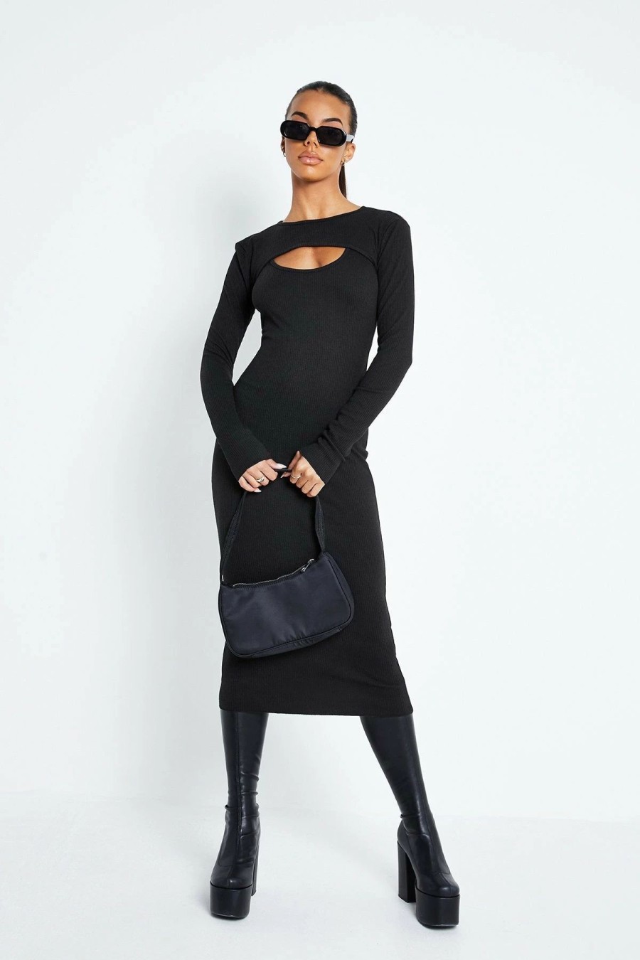 Best * Solado Two Piece Cut Out Ribbed Knit Long Sleeve Maxi Dress Black