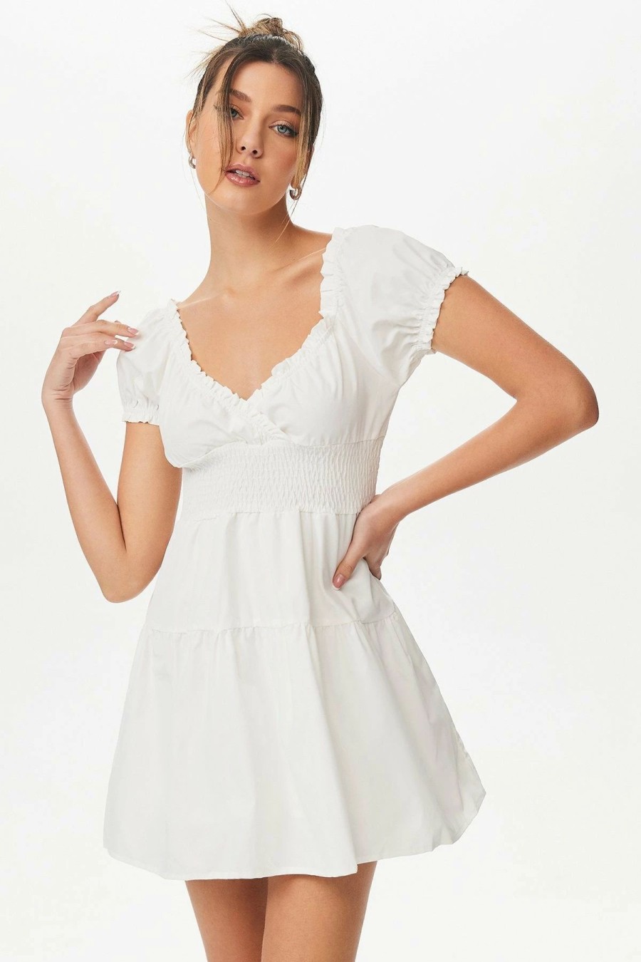 New * Solado Pleated Trim Elastic Waist Mini Dress White