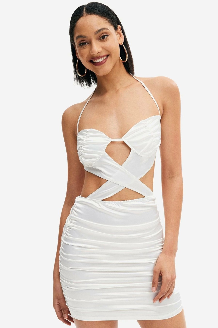 Clearance * Solado Halter Neck Cut Out Ruched Mini Dress White