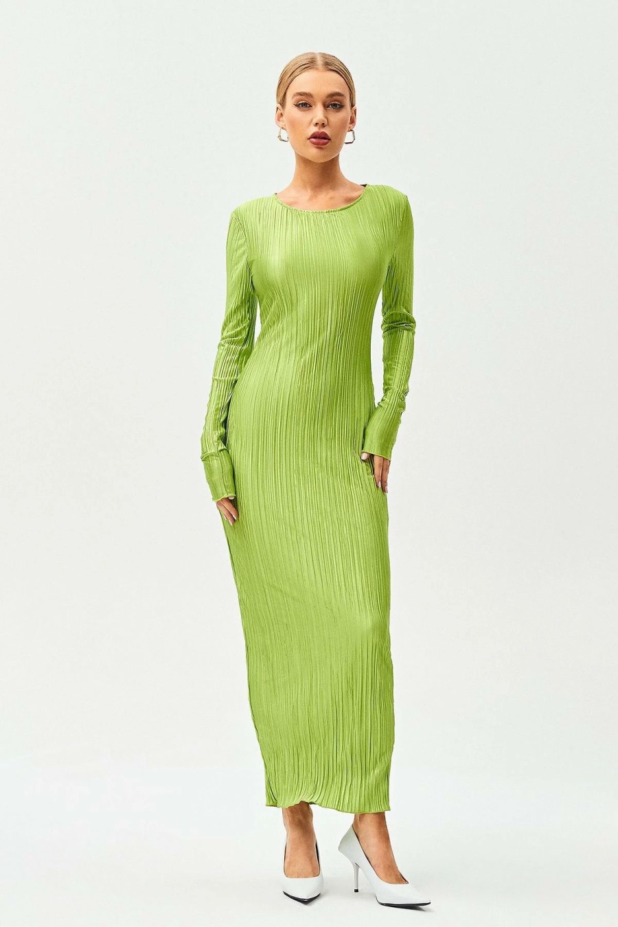 Online * Solado Swirl Textured Lettuce Trim Bodycon Maxi Dress Greenyellow