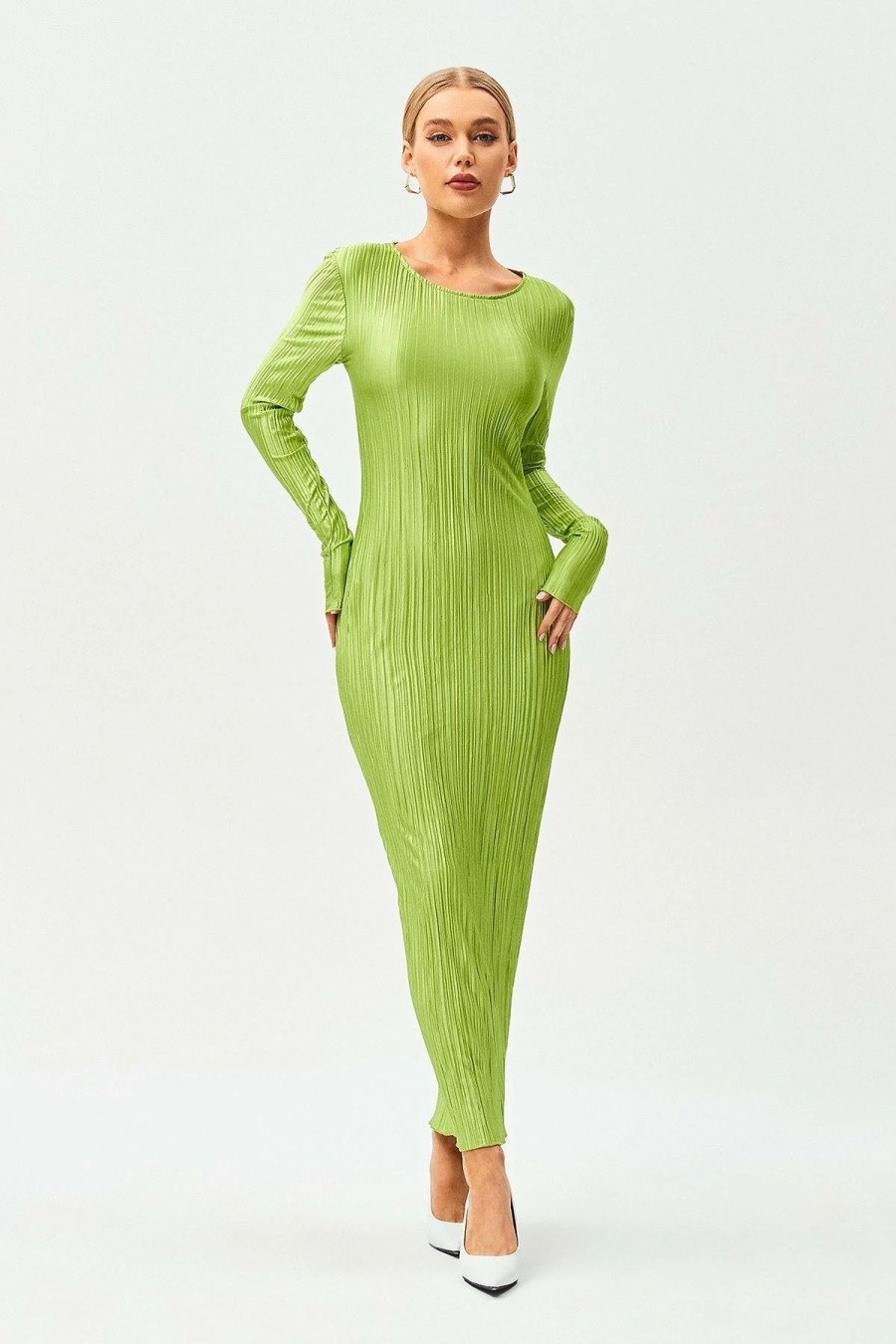 Online * Solado Swirl Textured Lettuce Trim Bodycon Maxi Dress Greenyellow