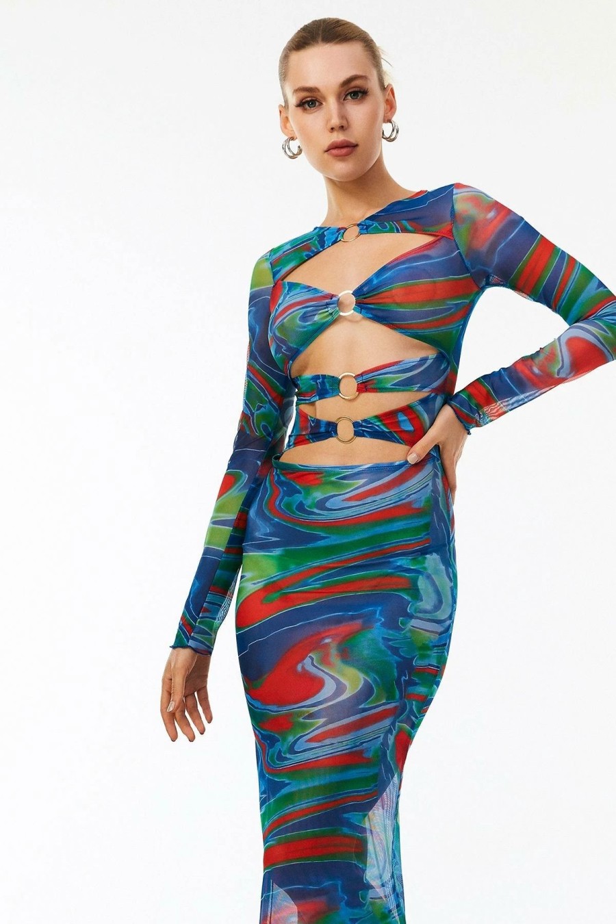 Best * Solado O-Ring Cut Out Abstract Print Mesh Maxi Dress