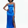 Clearance * Solado Satin Backless Slit Hem Cami Maxi Dress Blue