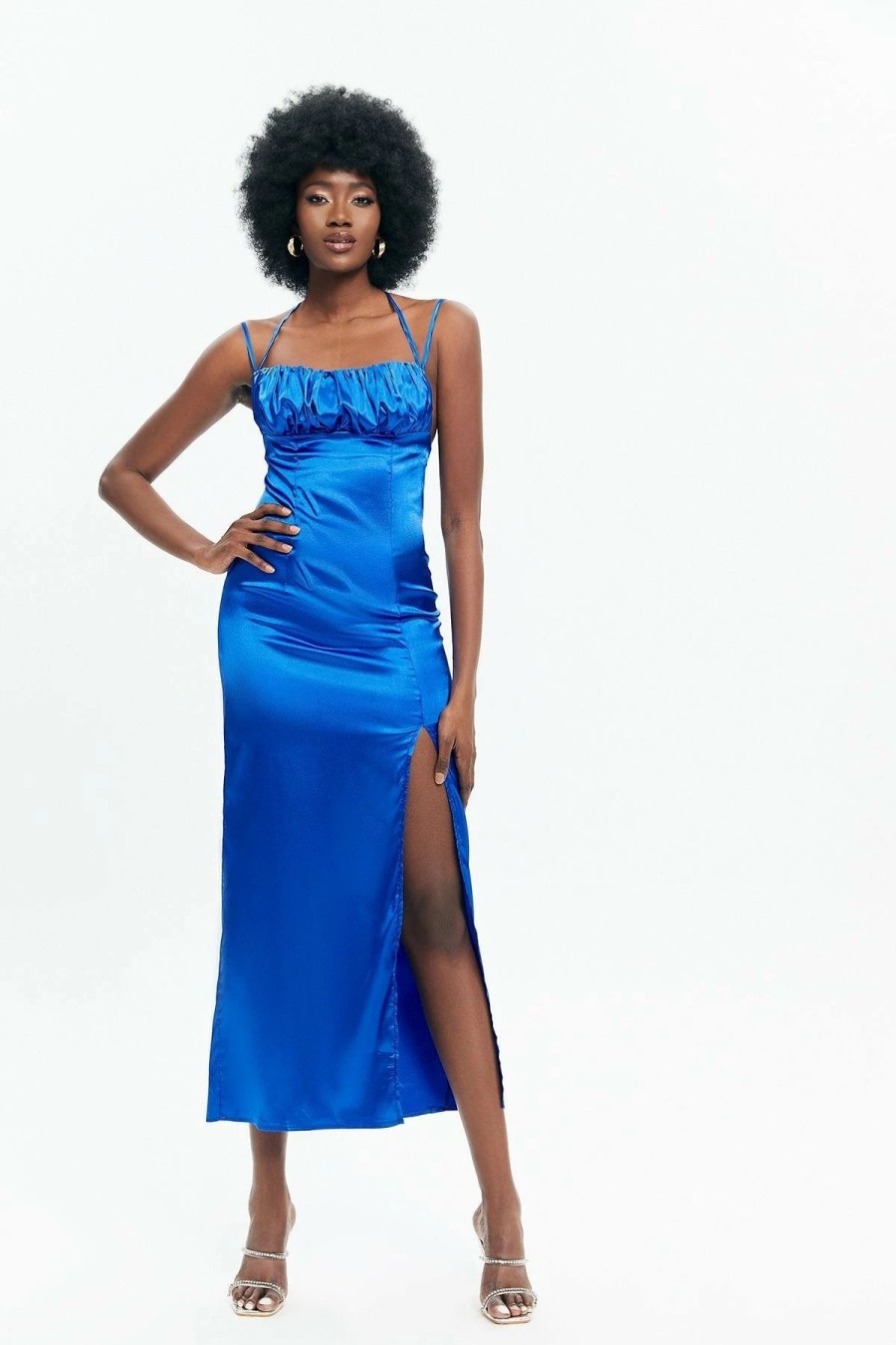 Clearance * Solado Satin Backless Slit Hem Cami Maxi Dress Blue