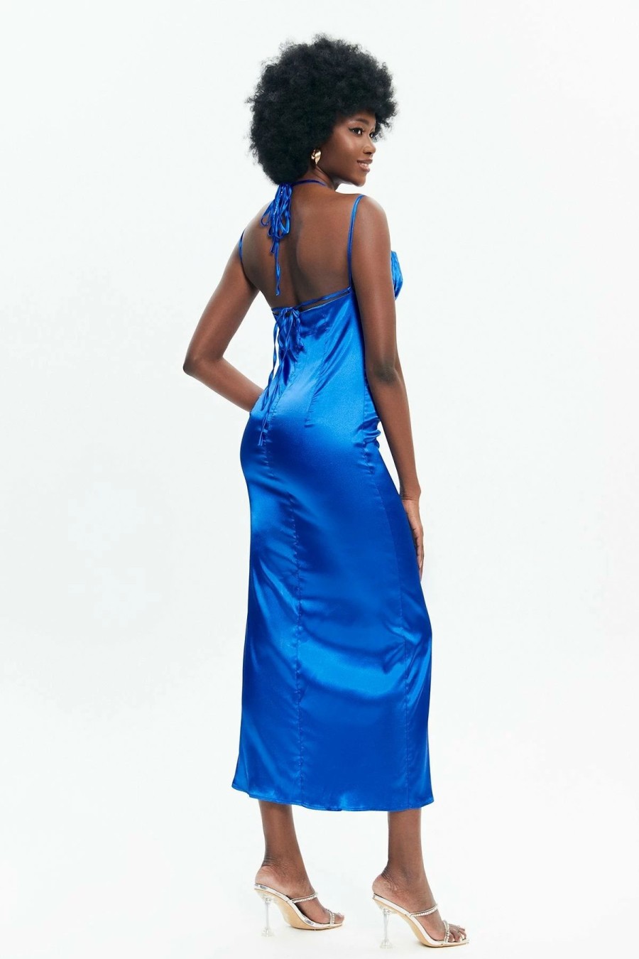 Clearance * Solado Satin Backless Slit Hem Cami Maxi Dress Blue