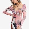 New * Solado Abstract Print Cross Halter Neck Mini Dress Pink