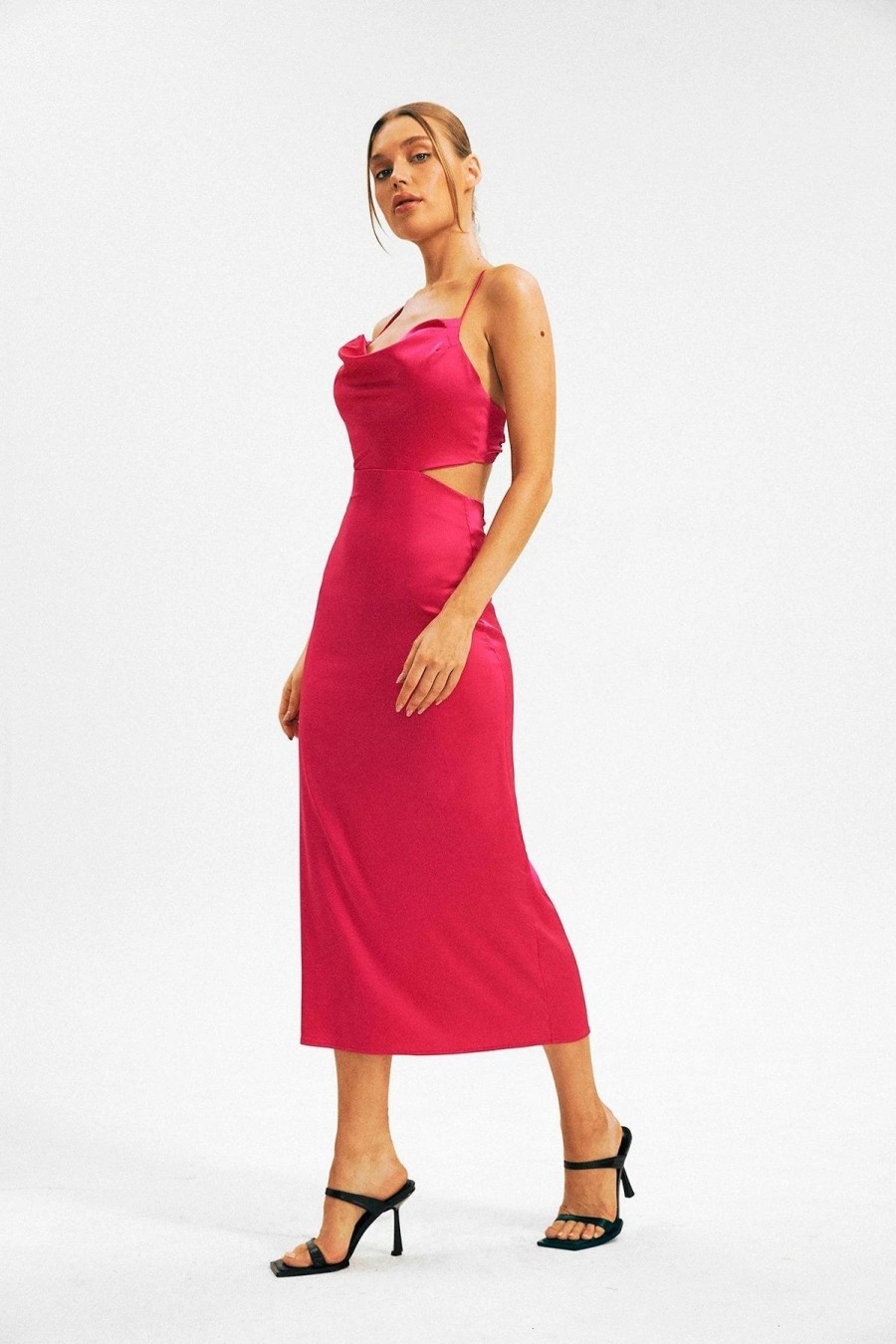 Wholesale * Solado Satin Cowl Neck Tie Backless Solid Maxi Dress Deeppink