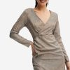 Hot * Solado Lurex Plunge Neck Asymmetrical Hem Long Sleeve Mini Dress Tan