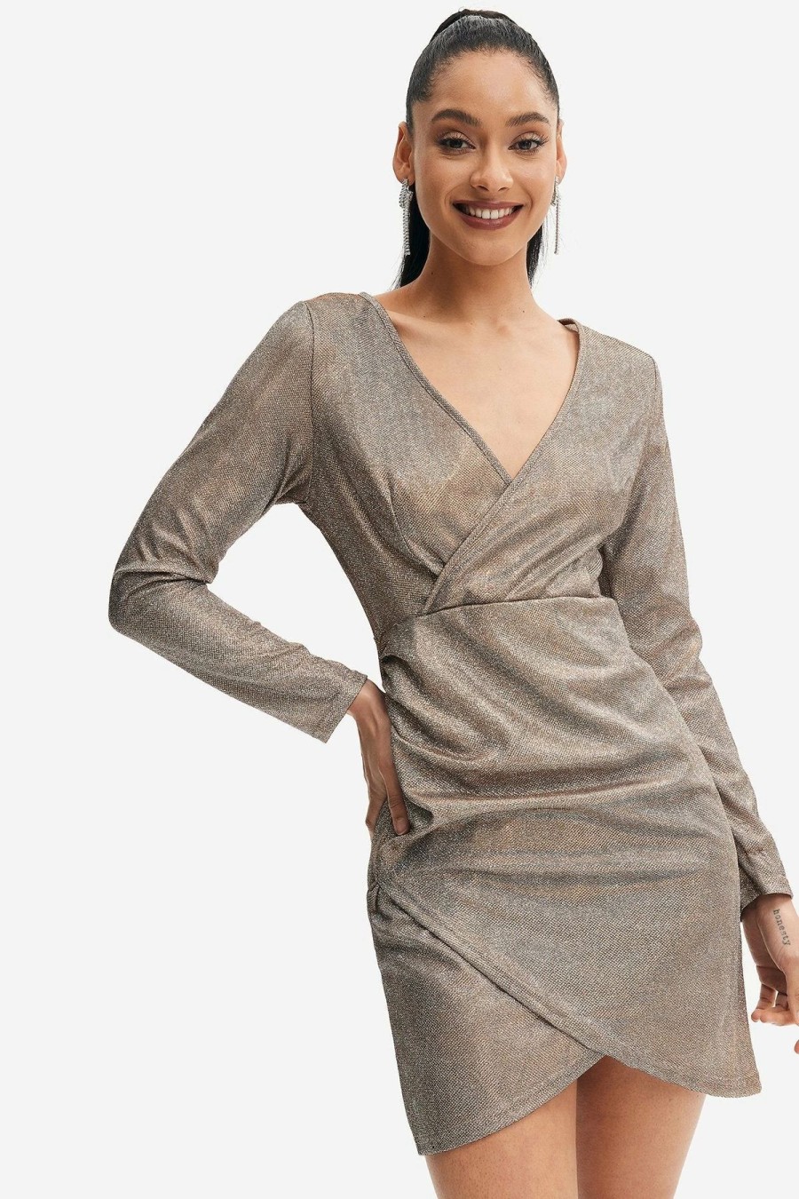 Hot * Solado Lurex Plunge Neck Asymmetrical Hem Long Sleeve Mini Dress Tan