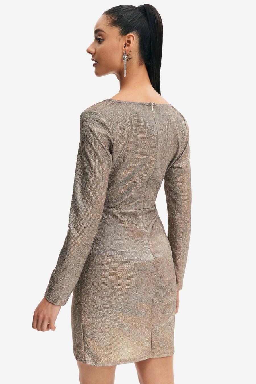 Hot * Solado Lurex Plunge Neck Asymmetrical Hem Long Sleeve Mini Dress Tan