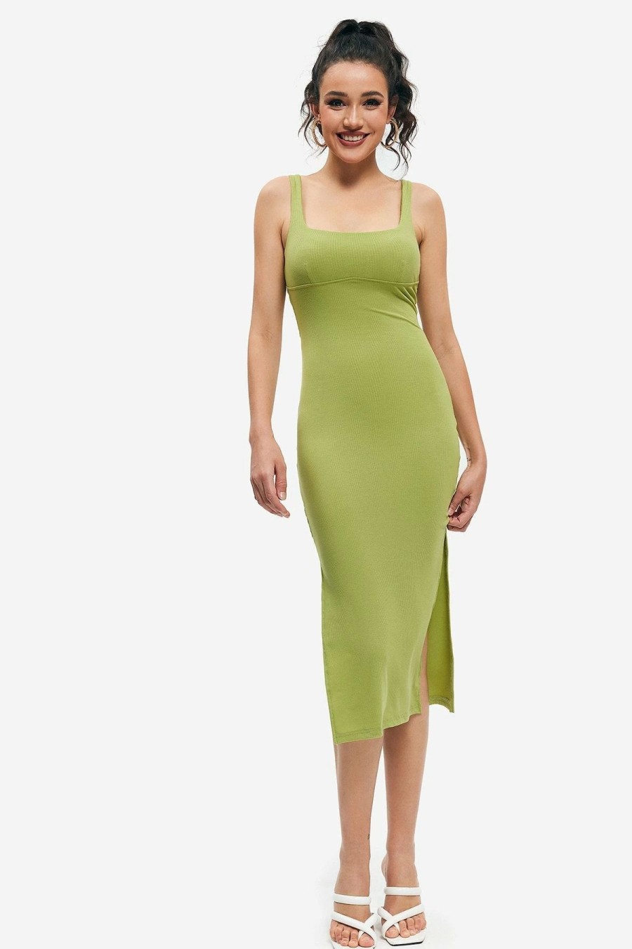 Clearance * Solado Square Neck Backless Side Split Midi Dress Yellowgreen