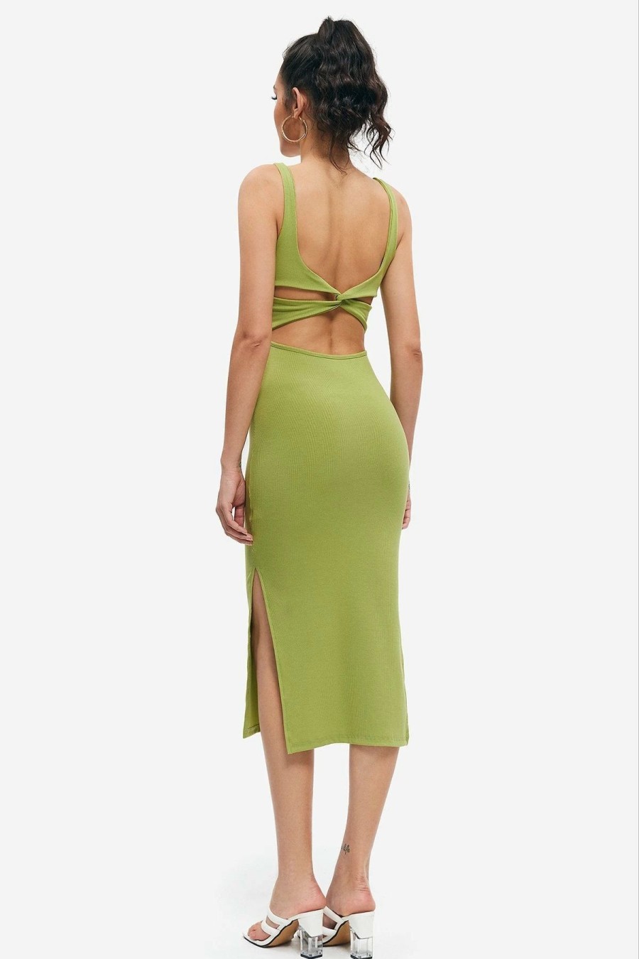 Clearance * Solado Square Neck Backless Side Split Midi Dress Yellowgreen