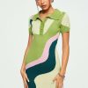 New * Solado Colorblock Swirl Print Short Sleeve Knitted Mini Dress Yellowgreen