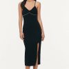 New * Solado Rhinestone Decor Split Hem Solid Midi Dress Black