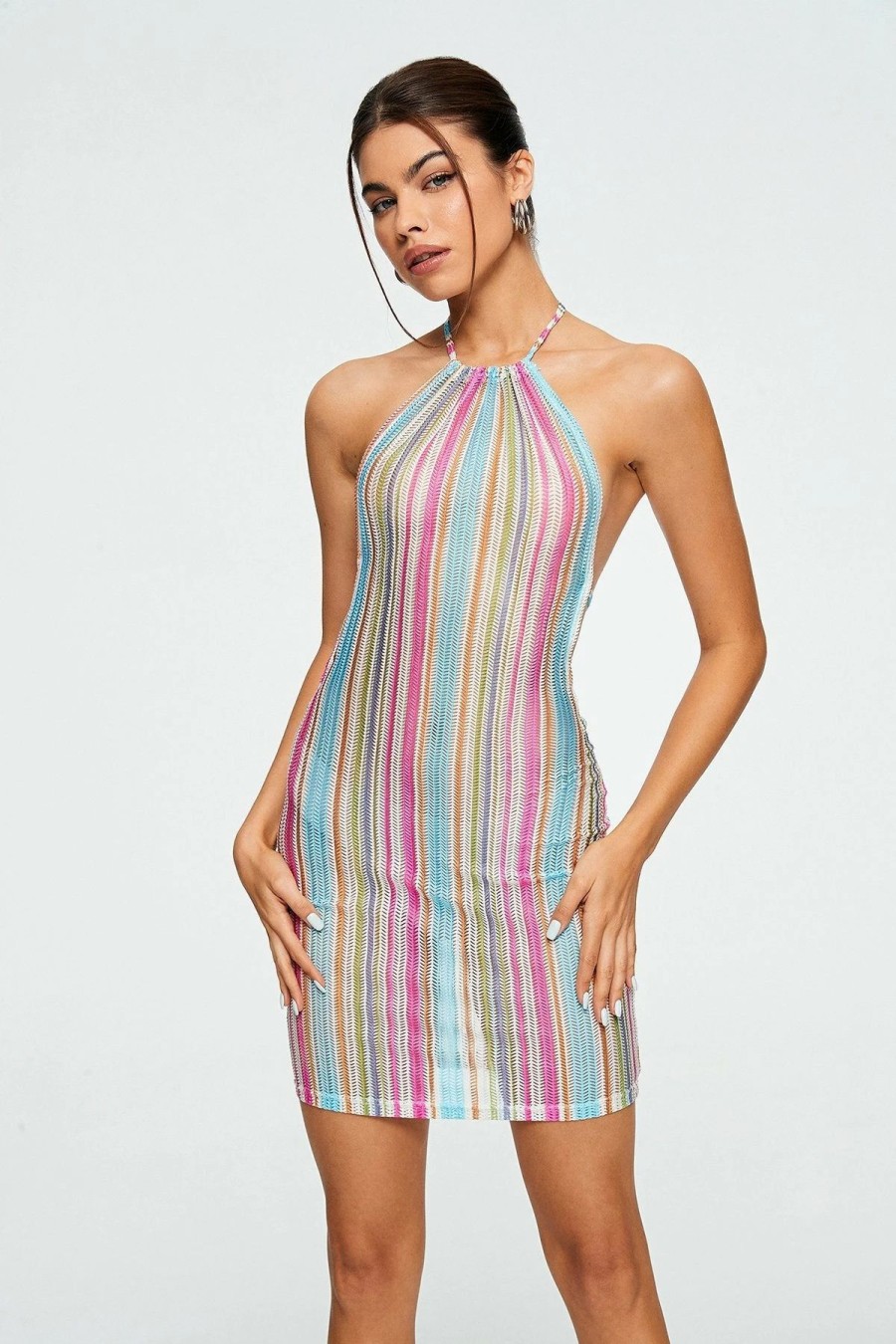 Online * Solado Colorful Striped Backless Knitted Mini Dress Deeppink