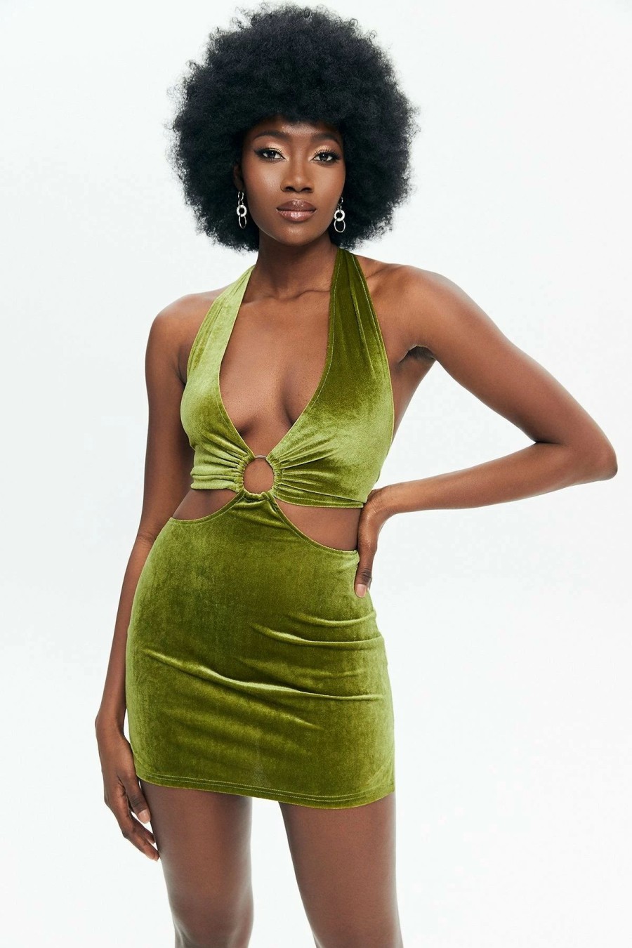 Clearance * Solado Velvet Cut Out O-Ring Front Backless Mini Dress Green