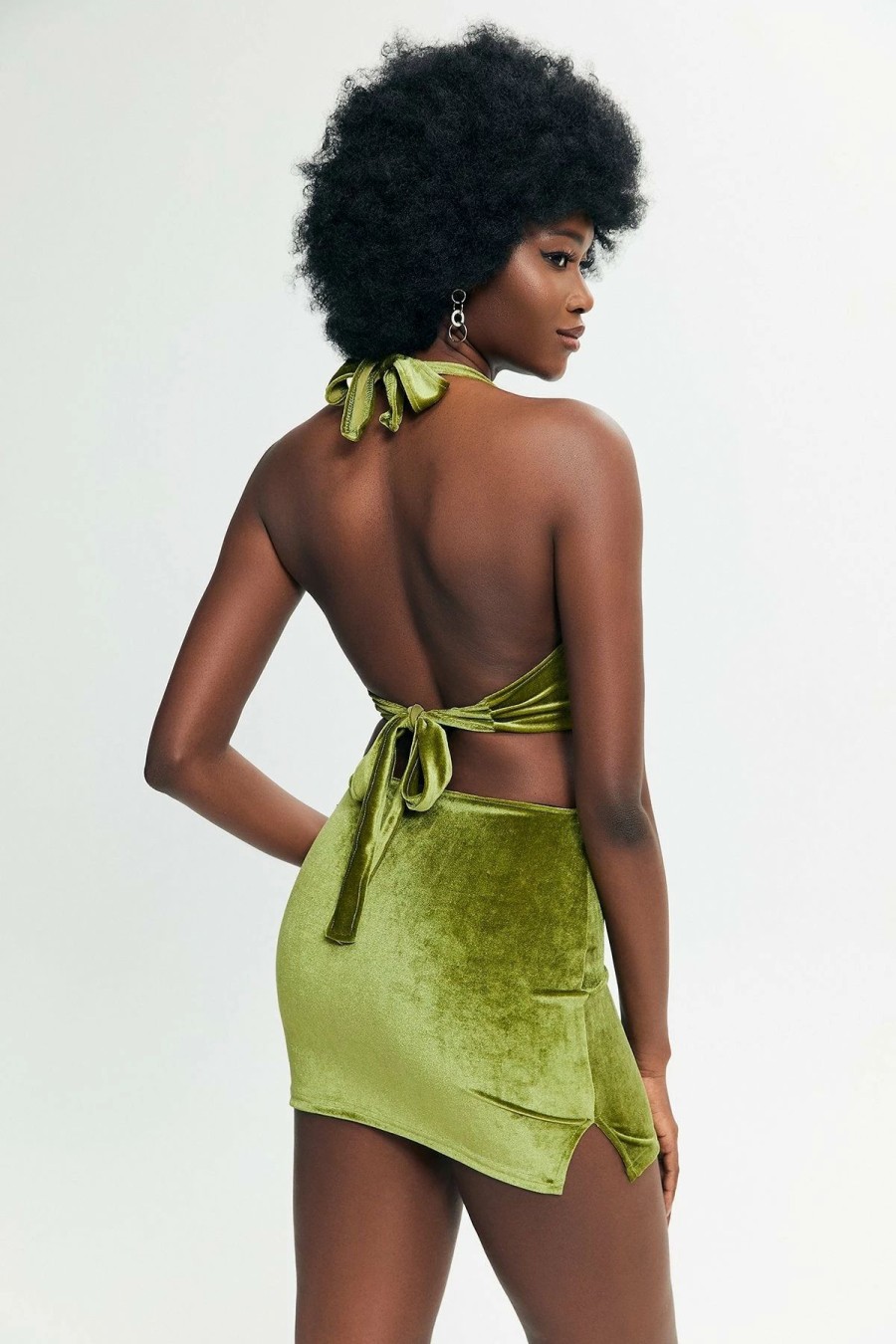 Clearance * Solado Velvet Cut Out O-Ring Front Backless Mini Dress Green