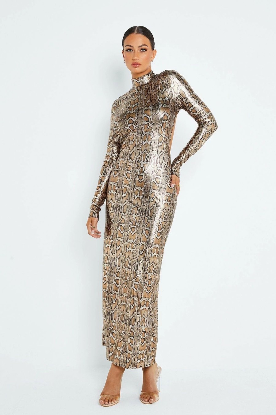 Best * Solado Snake Print Open Back Bodycon Maxi Dress Gold