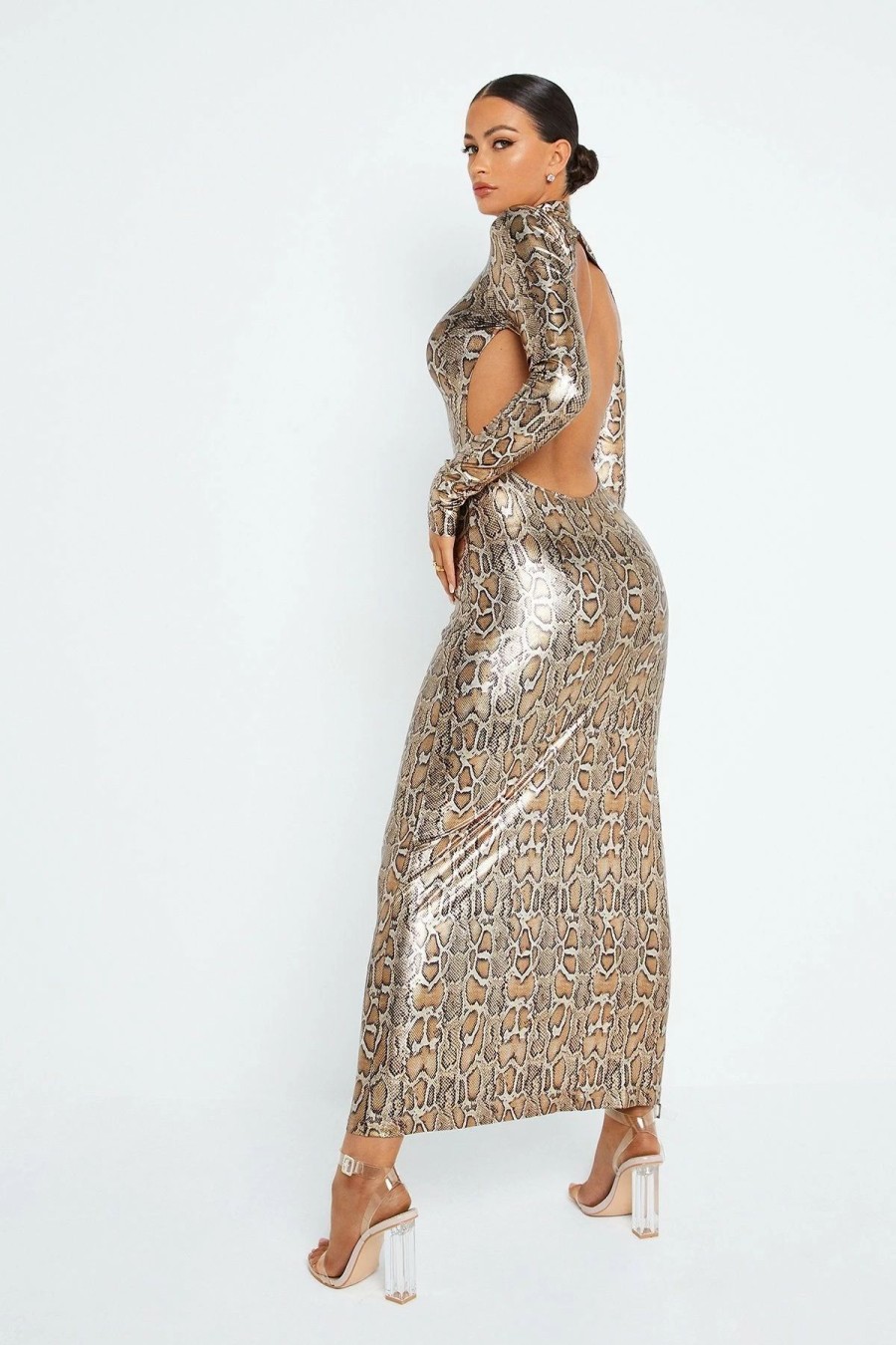 Best * Solado Snake Print Open Back Bodycon Maxi Dress Gold