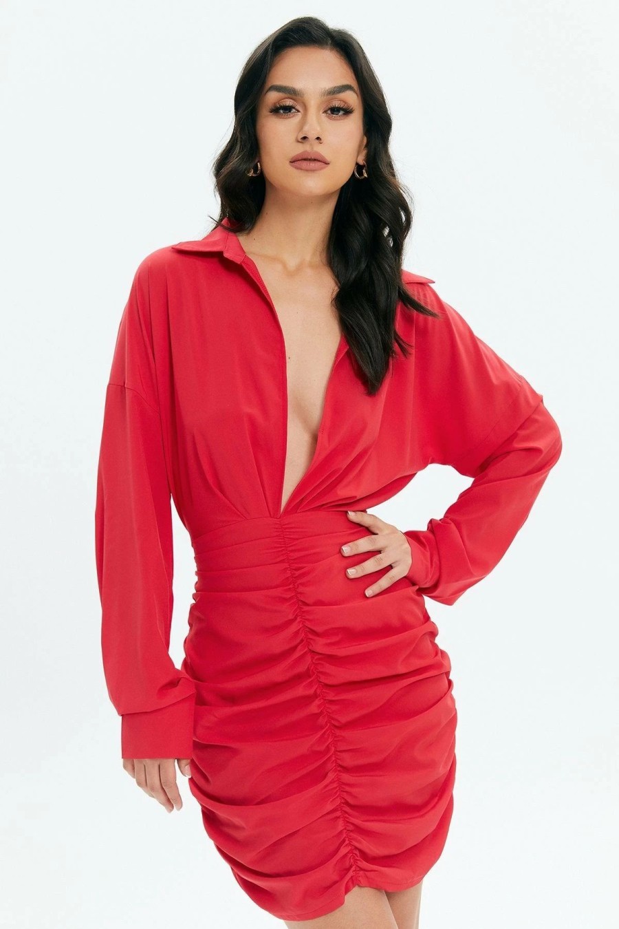 Wholesale * Solado Plunging Neck Ruched Mini Dress Red