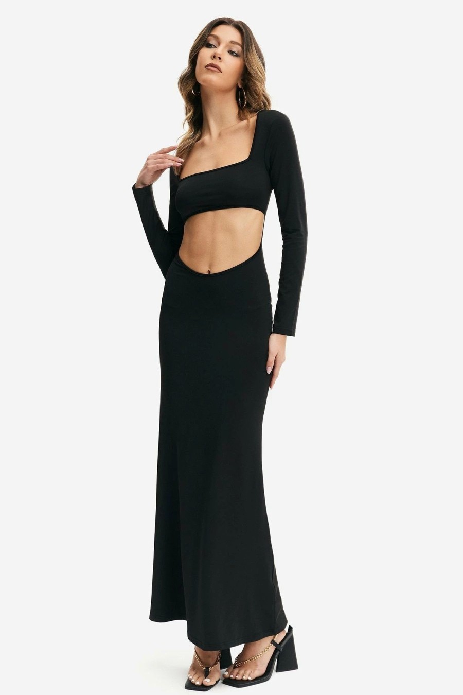 Best * Solado Square Neck Cut Out Long Sleeve Maxi Dress Black