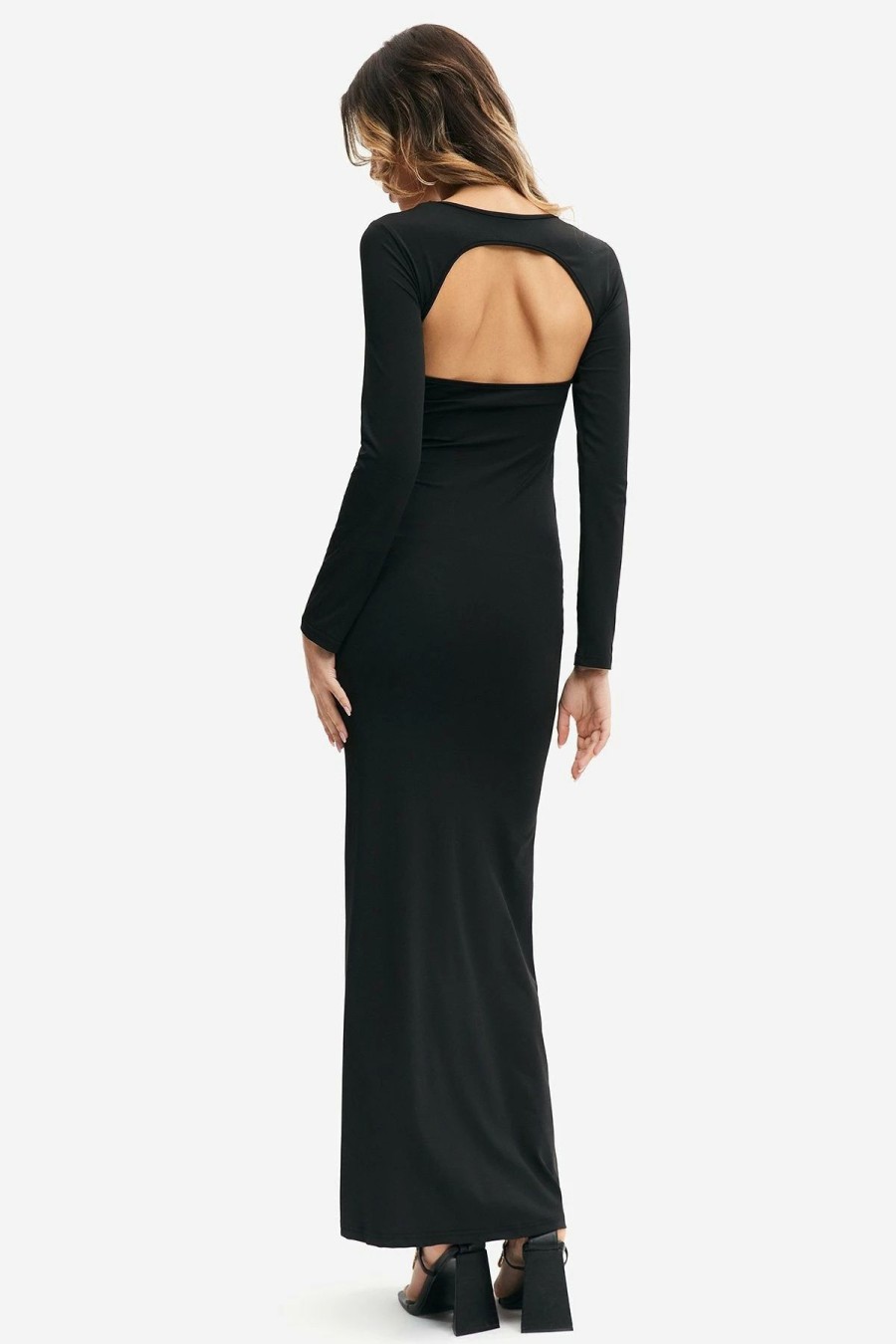 Best * Solado Square Neck Cut Out Long Sleeve Maxi Dress Black