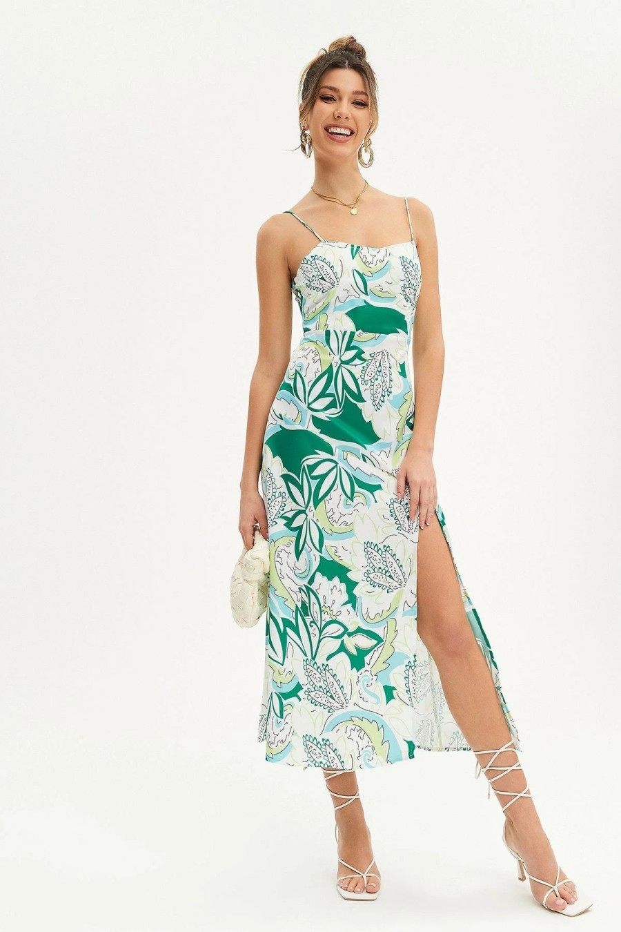 Online * Solado Abstract Print Backless Split Hem Midi Dress Green