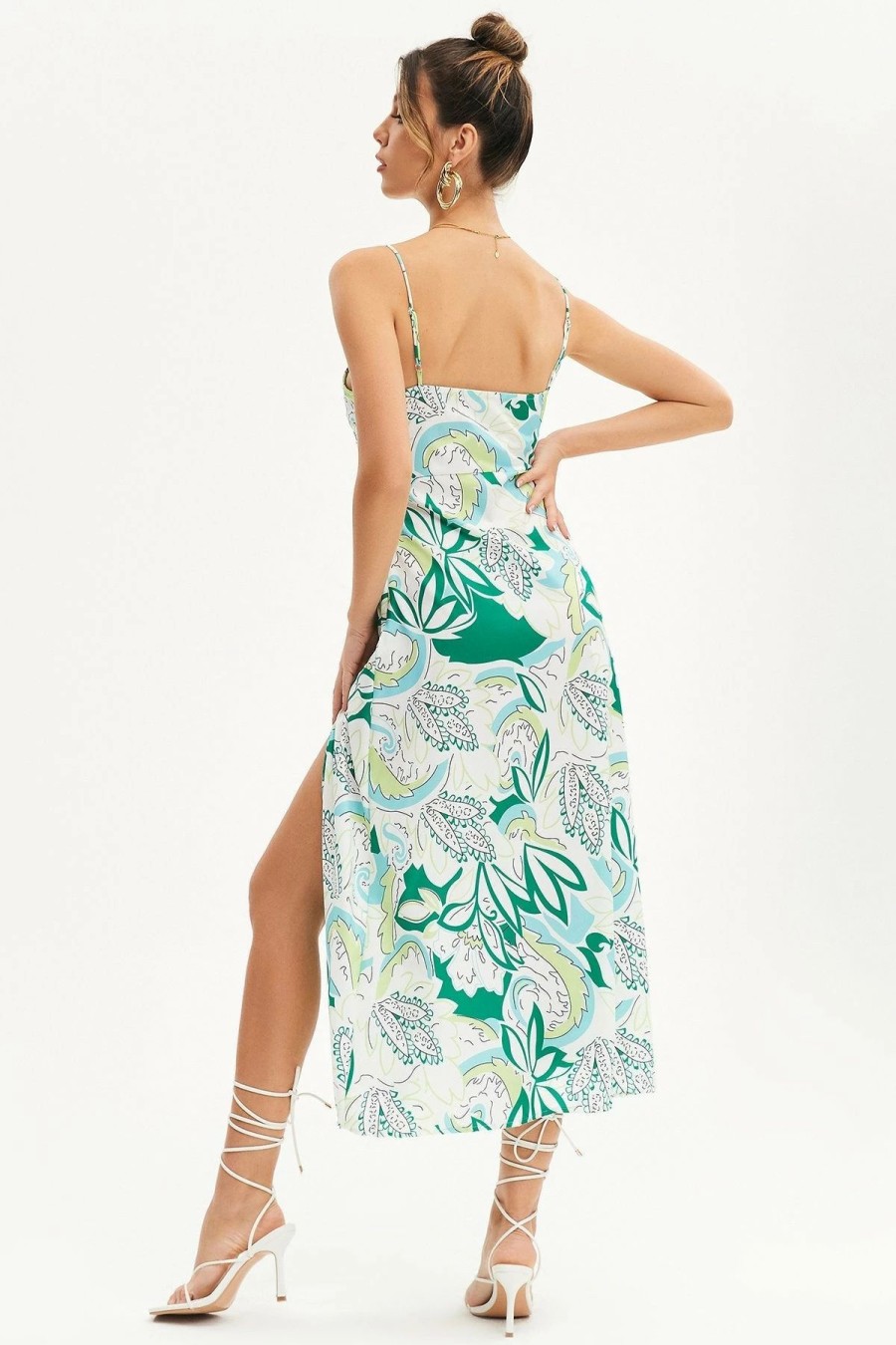 Online * Solado Abstract Print Backless Split Hem Midi Dress Green