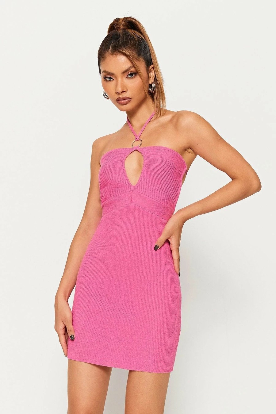 New * Solado Halter Neck Keyhole Open Back Sweater Dress Hotpink