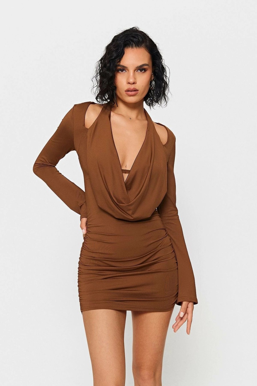 New * Solado Halter Neck Layered Bodycon Long Sleeve Mini Dress Brown