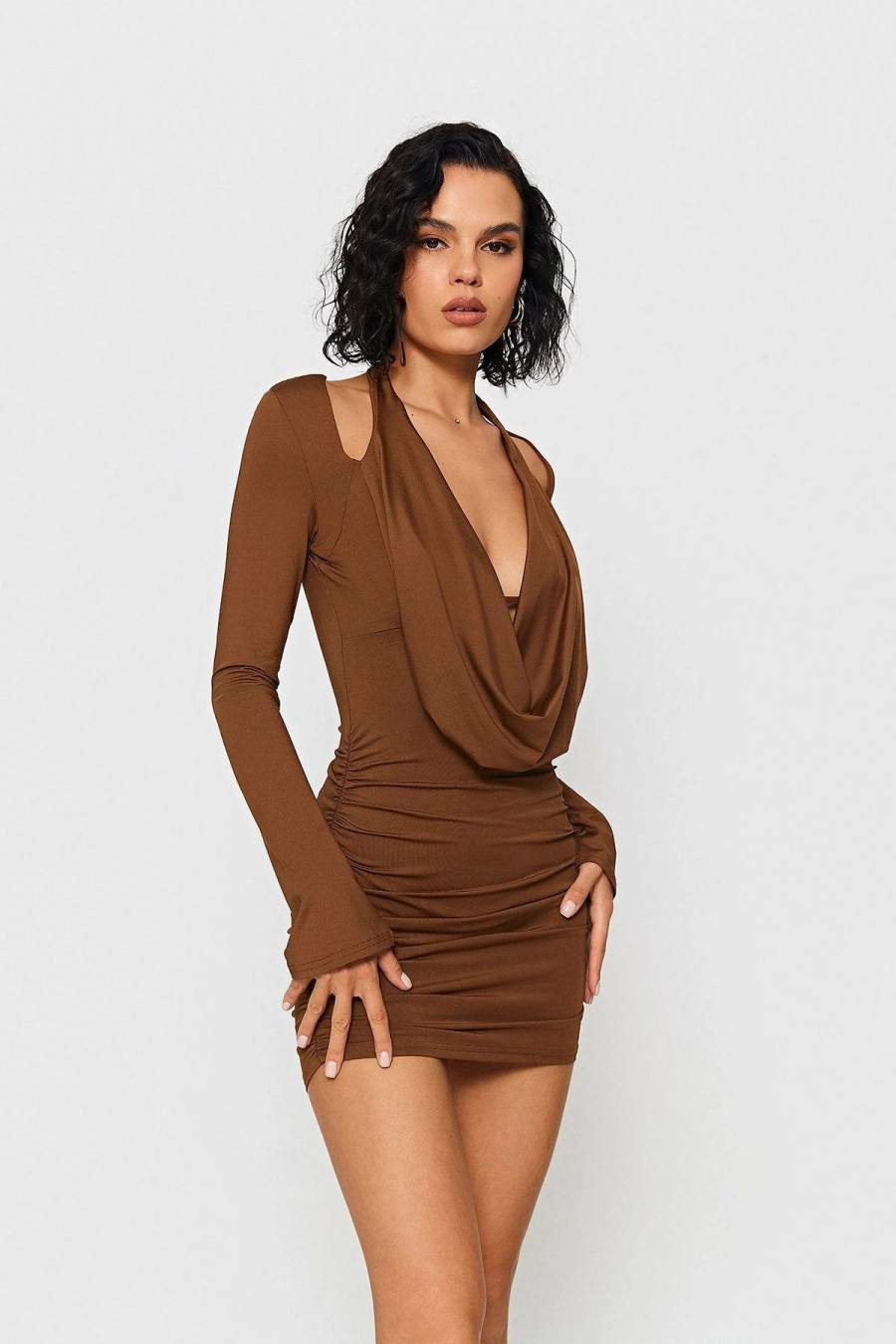 New * Solado Halter Neck Layered Bodycon Long Sleeve Mini Dress Brown