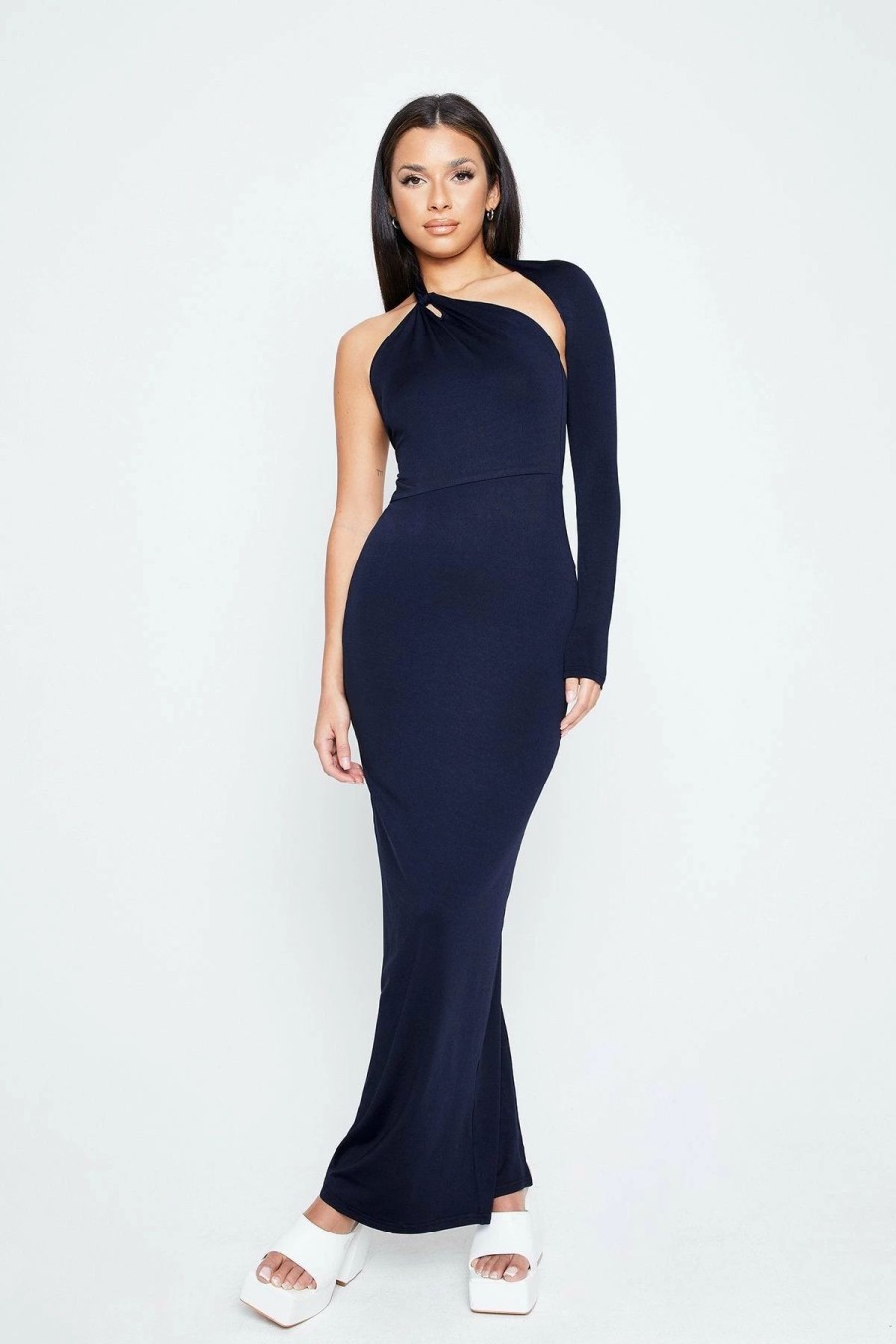 Wholesale * Solado Asymmetrical Neck One Sleeve Split Hem Maxi Dress Navy