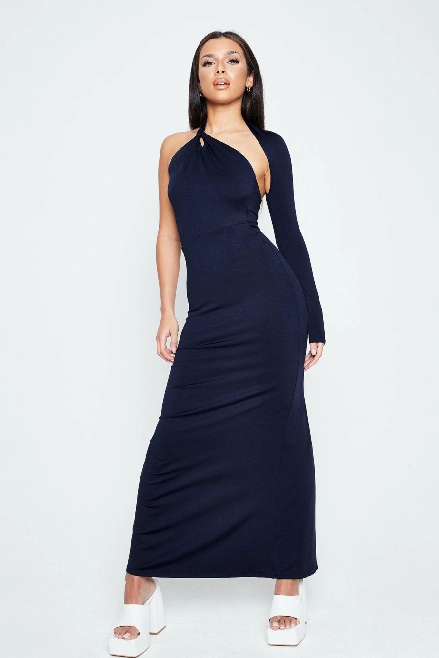 Wholesale * Solado Asymmetrical Neck One Sleeve Split Hem Maxi Dress Navy