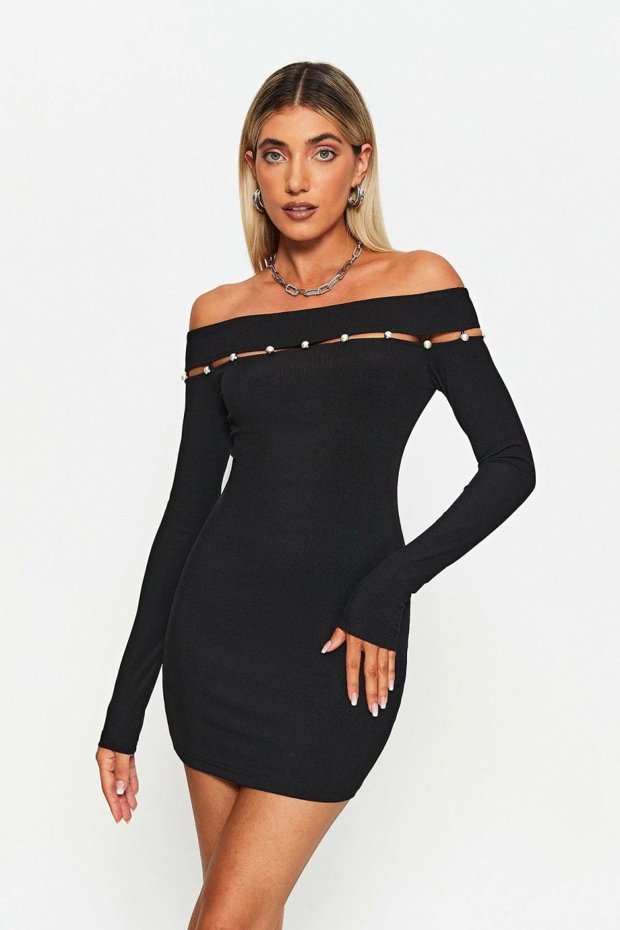 Online * Solado Off Shoulder Cut Out Pearl Decor Mini Dress Black