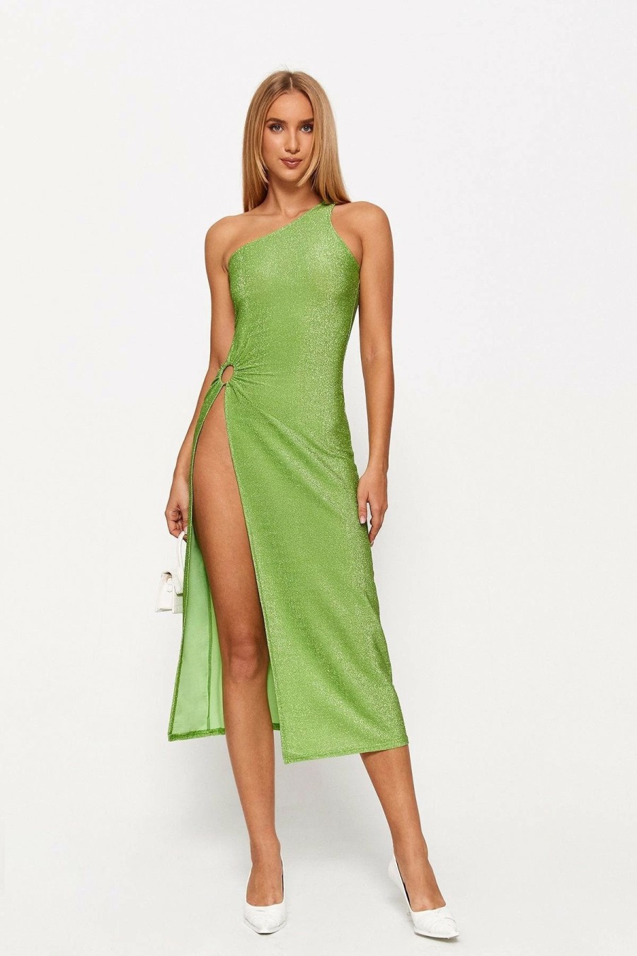 Hot * Solado One Shoulder O-Ring Decor Split Hem Lurex Midi Dress Green