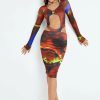 Online * Solado Abstract Print Cut Out Long Sleeve Midi Dress Firebrick