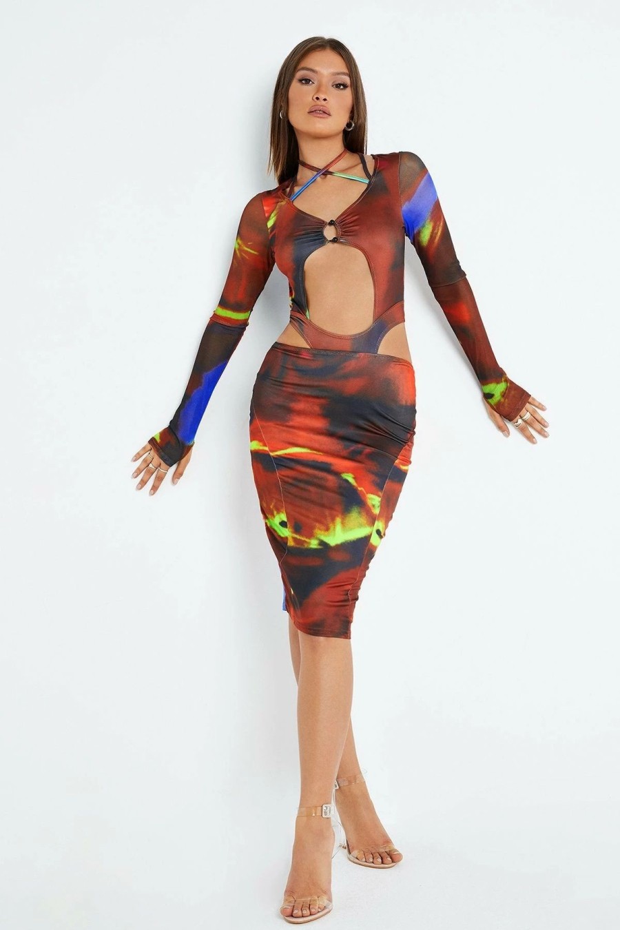 Online * Solado Abstract Print Cut Out Long Sleeve Midi Dress Firebrick