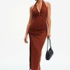 Wholesale * Solado Ruched Backless Slit Hem Maxi Dress Brown